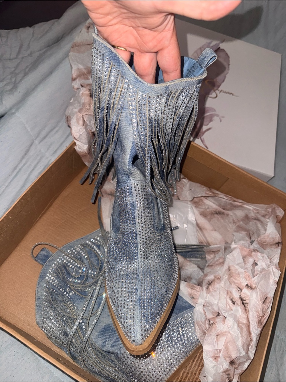 Women’s denim fringe boots - Silver Rhinestone Fringe Boots - Picture 6 of 10